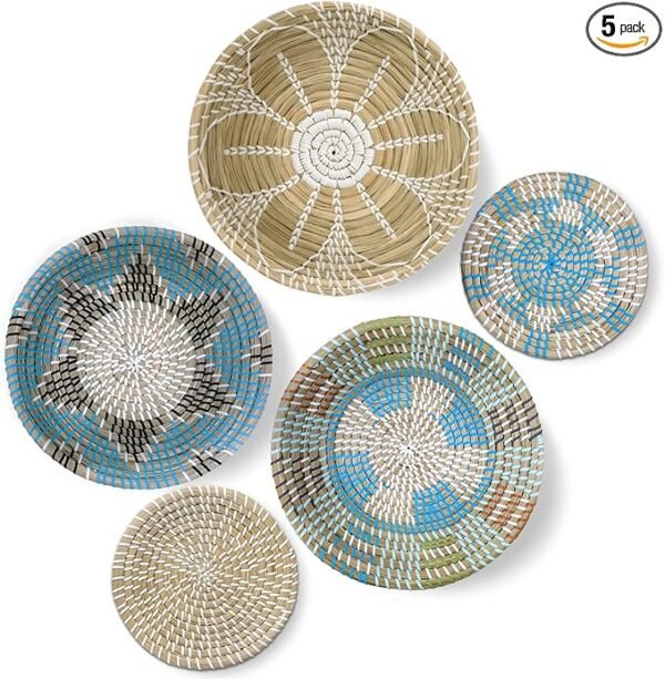 Hanging Woven Wall Basket Decor - Wicker Wall Baskets Decor Boho Flat set of 5