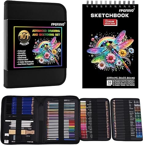 1 101 Pieces Advanced Drawing Set and Sketching Kit, with 3-Color Sketchbook