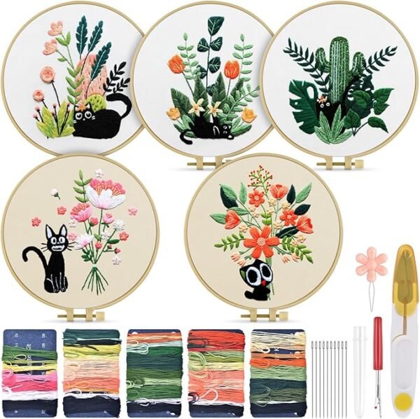1 Embroidery Kit for Adult for Beginners, 5 Sets Black Cat and Flower Embroidery