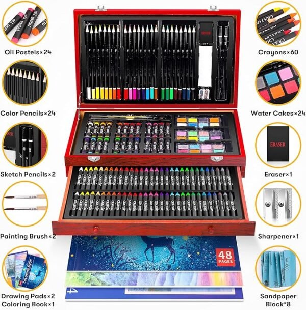 Art Supplies, 150-Pack Deluxe Wooden Art Set Crafts Drawing Painting Kit with 1 Coloring Book