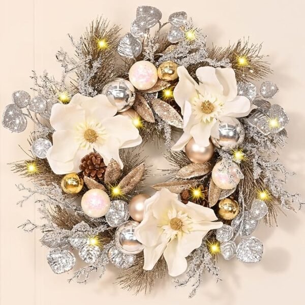 Artflower 18" Christmas Door Wreath with Magnolia Flowers Champagne Gold