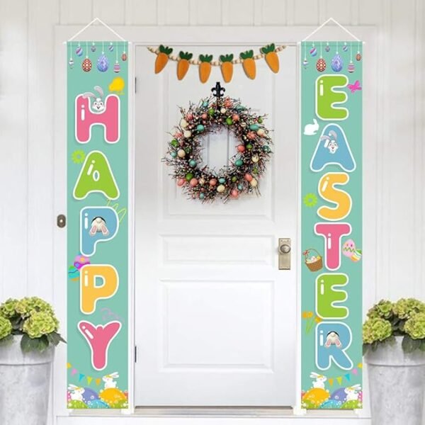 1 Easter Porch Sign, Happy Easter Theme Porch Sign with Bunny Egg Decoration