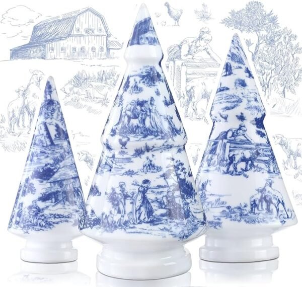 Soaoo 3 Pcs French Country Style Delft Blue Christmas Tree Blue and White Porcelain