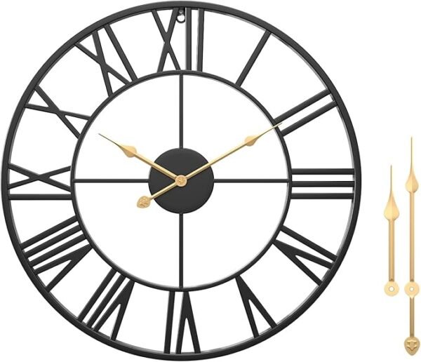WGWART 24" Large Black Roman Numeral Wall Clock, Silent Battery