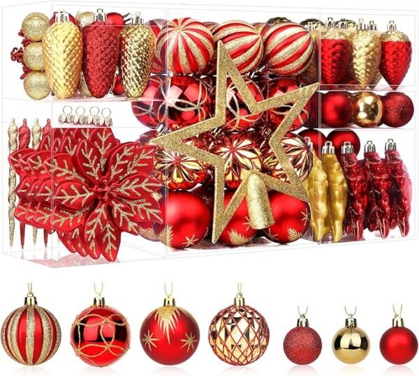 SHareconn 106PCS Christmas Balls Ornaments, Red & Gold