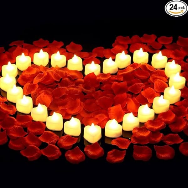 cridoz 2000 Pieces Artificial Rose Petals with 24 Pieces LED Tea Lights Candles
