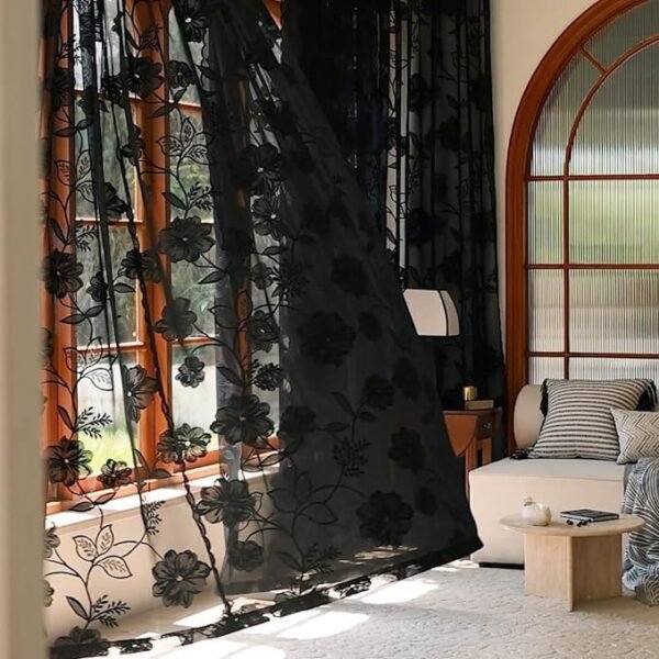 Treatmentex Black Sheer Lace Curtains for Bedroom Living Room Studio 84inch Long Vintage Rose