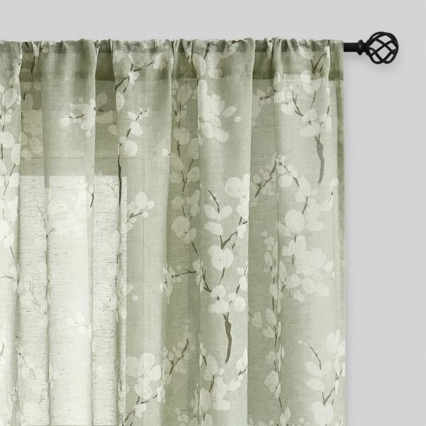 FMFUNCTEX  Linen Sheer Curtains for Bedroom, Sage Green Blossom Print Curtains 84 Inches