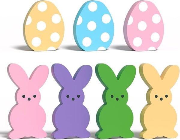 CRCZK 7PCS Wood Bunny Peeps Easter Eggs Tiered Tray Decor