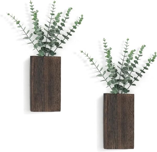 1 2 Pack Wood Wall Planter Vase with Artificial Eucalyptus Farmhouse Wall Hanging Decor