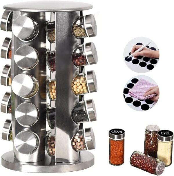 EBIZ&TECH 20-Jar Stainless Steel Rotating Spice Rack with Non-Slip Base
