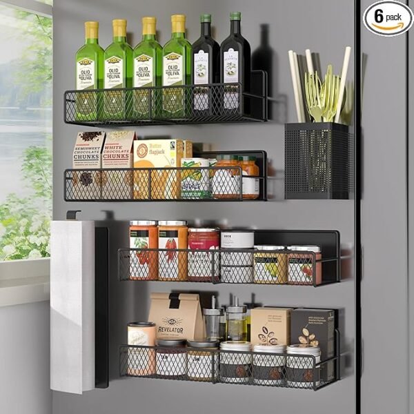 DTUQYX Magnetic Spice Rack for Refrigerator, 6 Pack Metal Magnetic Shelf Black