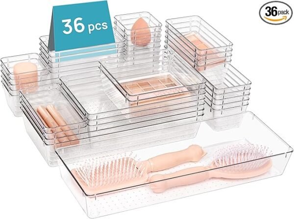 Vtopmart 36 PCS Clear Plastic Drawer Organizers Set, 7-Size Bathroom and Vanity Drawer Organizer
