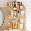 NATURE'S SOURCE Makeup Organizer for Vanity, 3-Tier Corner Bathroom Organizer Countertop with Makeup Brush