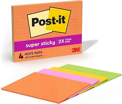 Post-it Super Sticky Lined Notes, 4 Sticky Note Pads, 8 x 6 in.