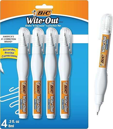 BIC Wite-Out Brand Shake 'n Squeeze Correction Pen, 8 ML,4-Count Pack