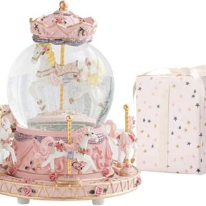 LOVE FOR YOU Gift Wrapped Music Box Carousel Horses Color Lights Unicorn Musical Snow Globe