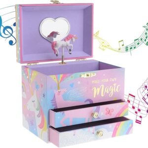 Jewelkeeper Jewelry Box for Girls - 2-Drawer Music Box with Spinning Unicorn, Pink Glitter Design, Dreamer Tune