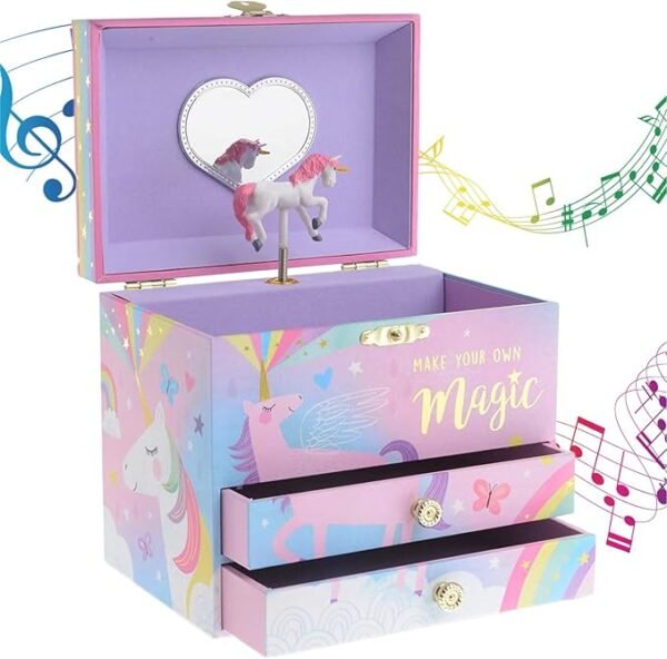 Jewelkeeper Jewelry Box for Girls - 2-Drawer Music Box with Spinning Unicorn, Pink Glitter Design, Dreamer Tune