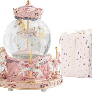 LOVE FOR YOU Gift Wrapped Music Box Carousel Horses Color Lights Unicorn Musical Snow Globe
