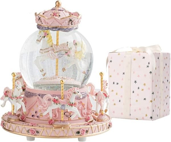 LOVE FOR YOU Gift Wrapped Music Box Carousel Horses Color Lights Unicorn Musical Snow Globe