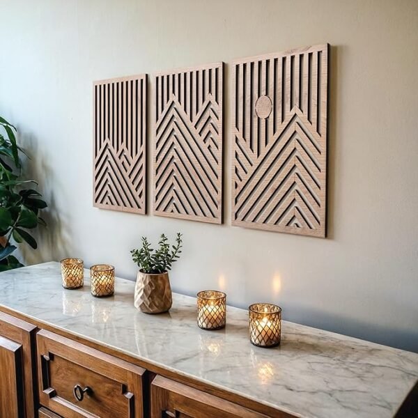 1 Modern Mountain and Sun Wall Sculptures - Set of 3