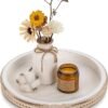 Decorative Serving Tray Wood: White Washed Bead Round Tray