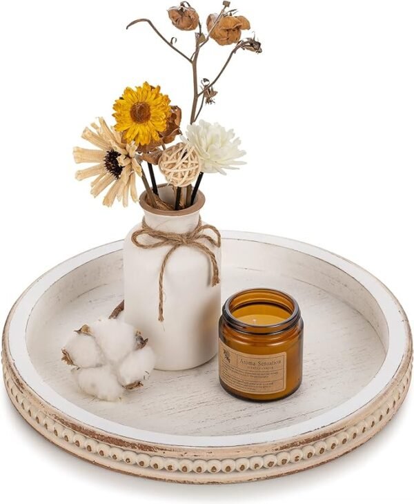 Decorative Serving Tray Wood: White Washed Bead Round Tray