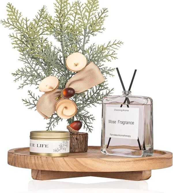 Round Decorative Tray Wood Bathroom Counter Organizer