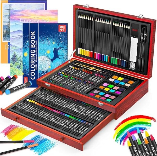 Art Supplies, 150-Pack Deluxe Wooden Art Set Crafts Drawing Painting Kit with 1 Coloring Book