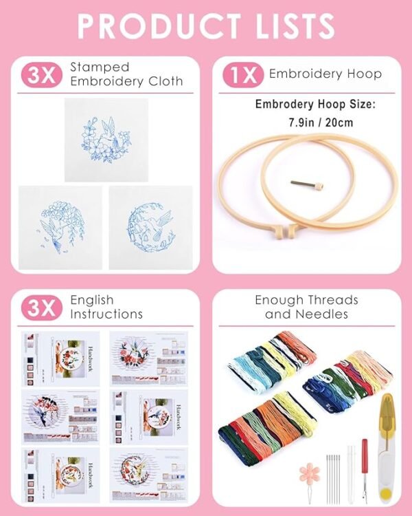 3 Pack Beginner Embroidery Kits for Adults DIY Starter Kit