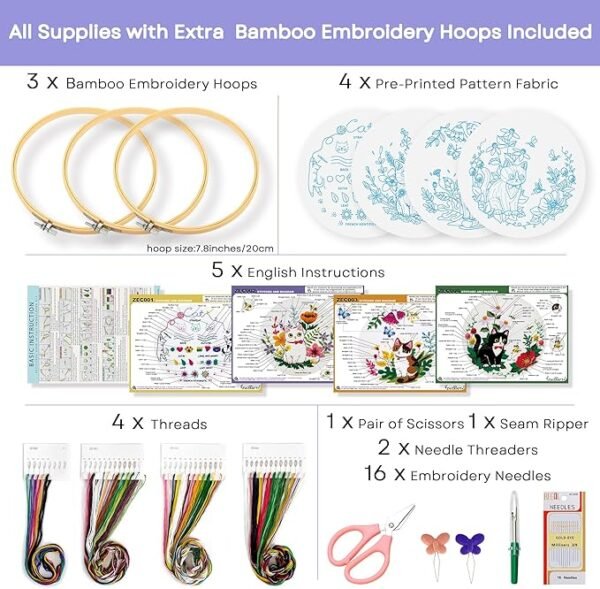 Embroidery Kit for Beginners, 4 Sets Embroidery Kit for Beginners Adults, Needle Point Kits