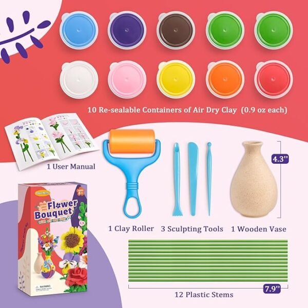 Drama Planet Flower Craft Kit for Kids, Make Your Own Flower Bouquet with Air Dry Clay