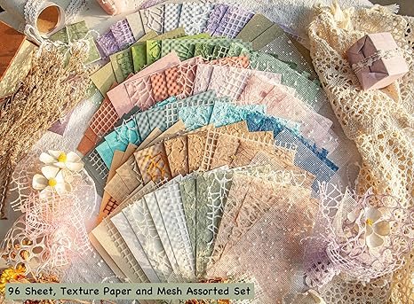 ARTSMONA 96 Sheets Textured Scrapbook Paper and Mesh Fabric 3.9x5.5 Inch