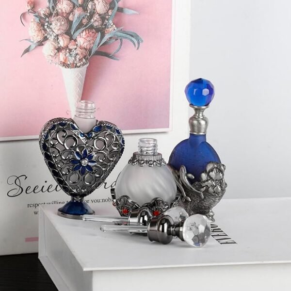 SEVENBEES 15ml Vintage Glass Perfume Bottle with Antique Silver Flower Figurine