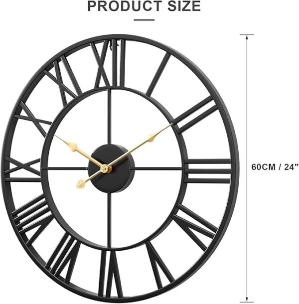 WGWART 24" Large Black Roman Numeral Wall Clock, Silent Battery