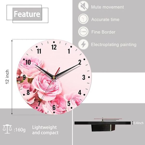 SPUNKER Wall Clock,Pink Roses Flowers Wall Clocks