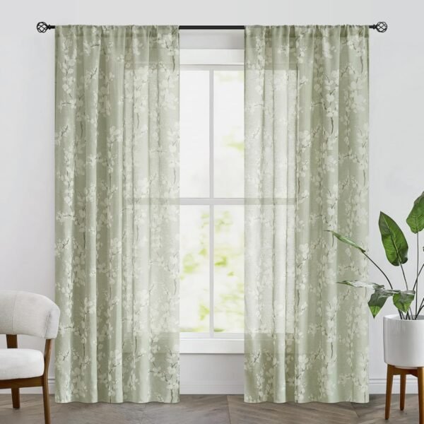 FMFUNCTEX  Linen Sheer Curtains for Bedroom, Sage Green Blossom Print Curtains 84 Inches