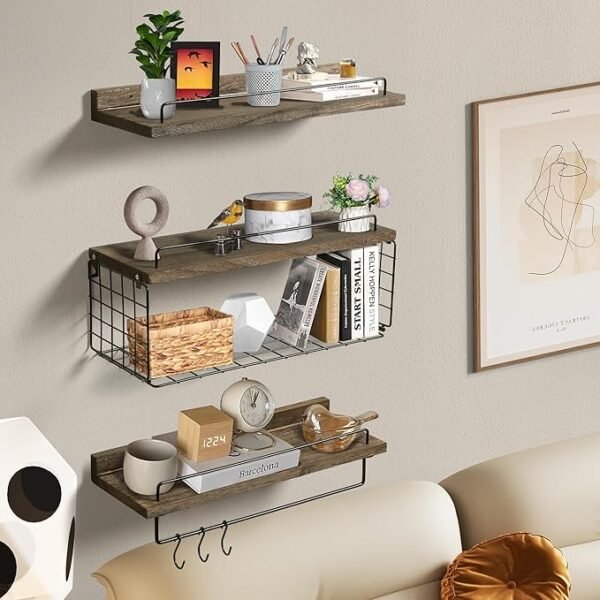 the ZhiYo-Life Bathroom Floating Shelves with Wire Basket