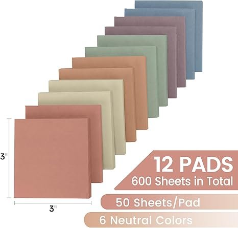 12 Pads, 3x3 inches, Aesthetic Vintage Self-Sticky Note Pads, Ideal for Office