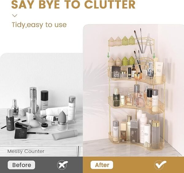 NATURE'S SOURCE Makeup Organizer for Vanity, 3-Tier Corner Bathroom Organizer Countertop with Makeup Brush