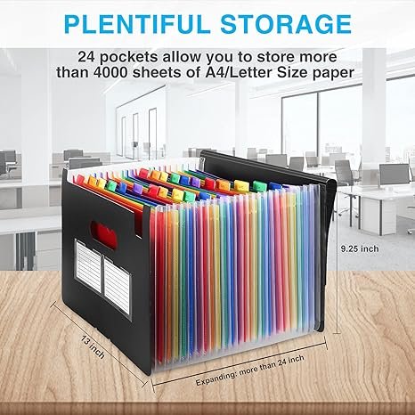 Sooez 24 Pockets Expanding File Folder with Blank Labels, Black