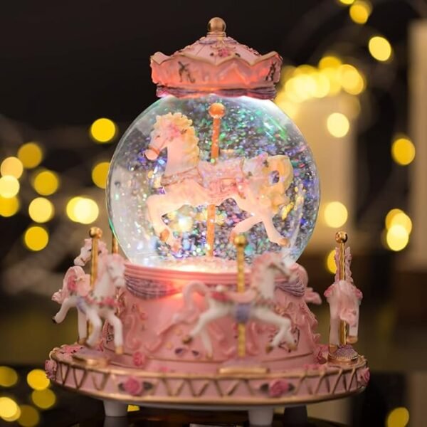 LOVE FOR YOU Gift Wrapped Music Box Carousel Horses Color Lights Unicorn Musical Snow Globe