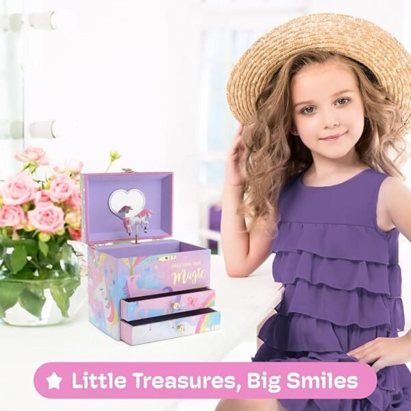 Jewelkeeper Jewelry Box for Girls - 2-Drawer Music Box with Spinning Unicorn, Pink Glitter Design, Dreamer Tune