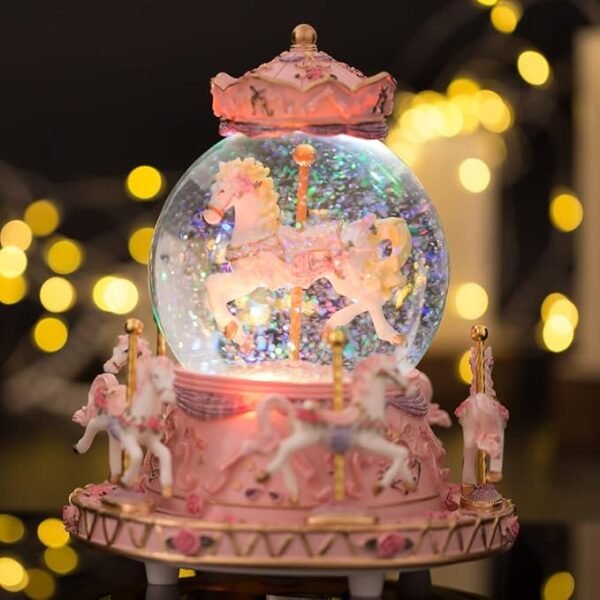 LOVE FOR YOU Gift Wrapped Music Box Carousel Horses Color Lights Unicorn Musical Snow Globe