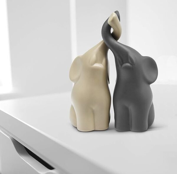 Loving Pair of Elephants in Beige & Grey - Modern Ceramic Sculpture