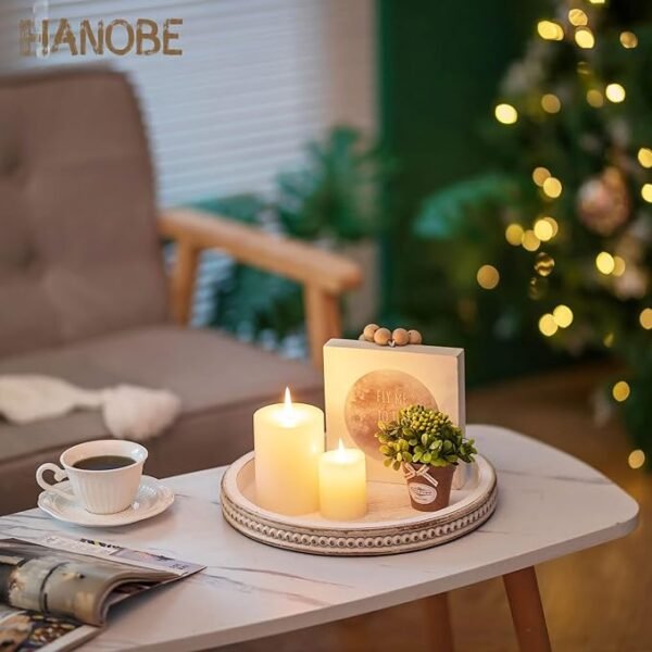 Decorative Serving Tray Wood: White Washed Bead Round Tray