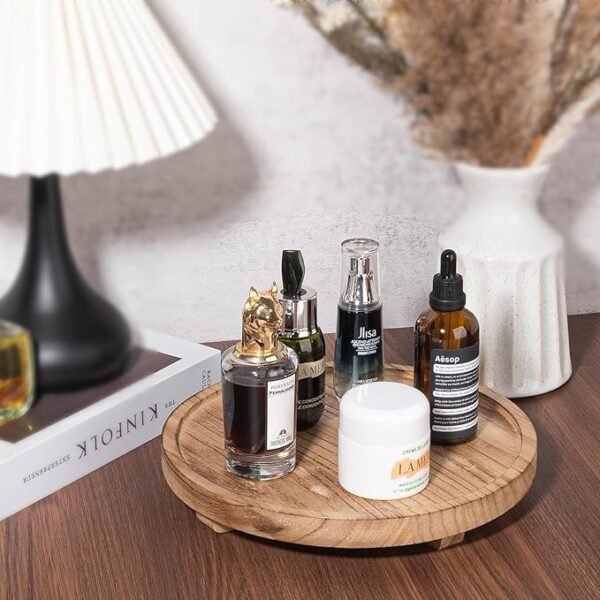 Round Decorative Tray Wood Bathroom Counter Organizer