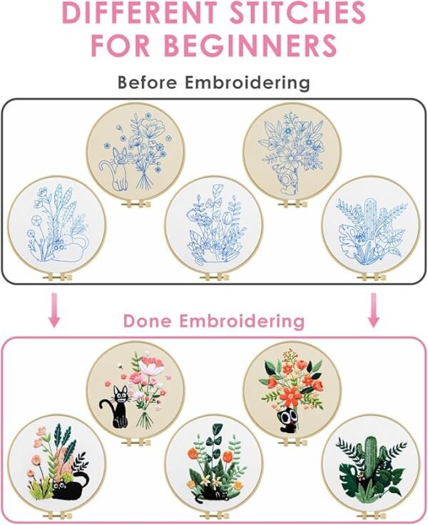 3 Embroidery Kit for Adult for Beginners, 5 Sets Black Cat and Flower Embroidery