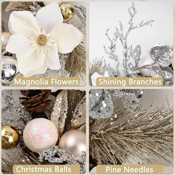 Artflower 18" Christmas Door Wreath with Magnolia Flowers Champagne Gold